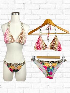 Victoria’s Secret Floral Leopard Print Chain Toggle Tie Triangle String Bikini S